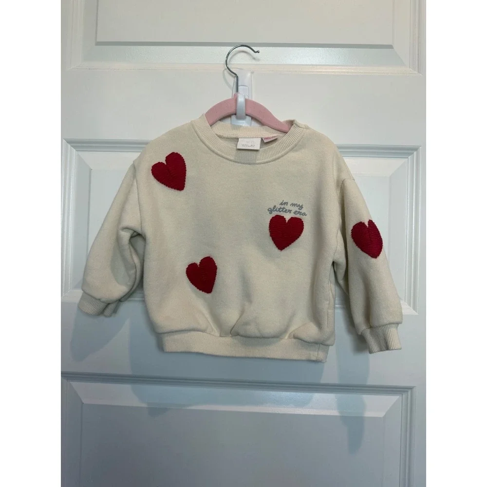 13.Zara Kids Cream Heart Applique In My Glitter Era Sweatshirt 18-24 Months 86cm